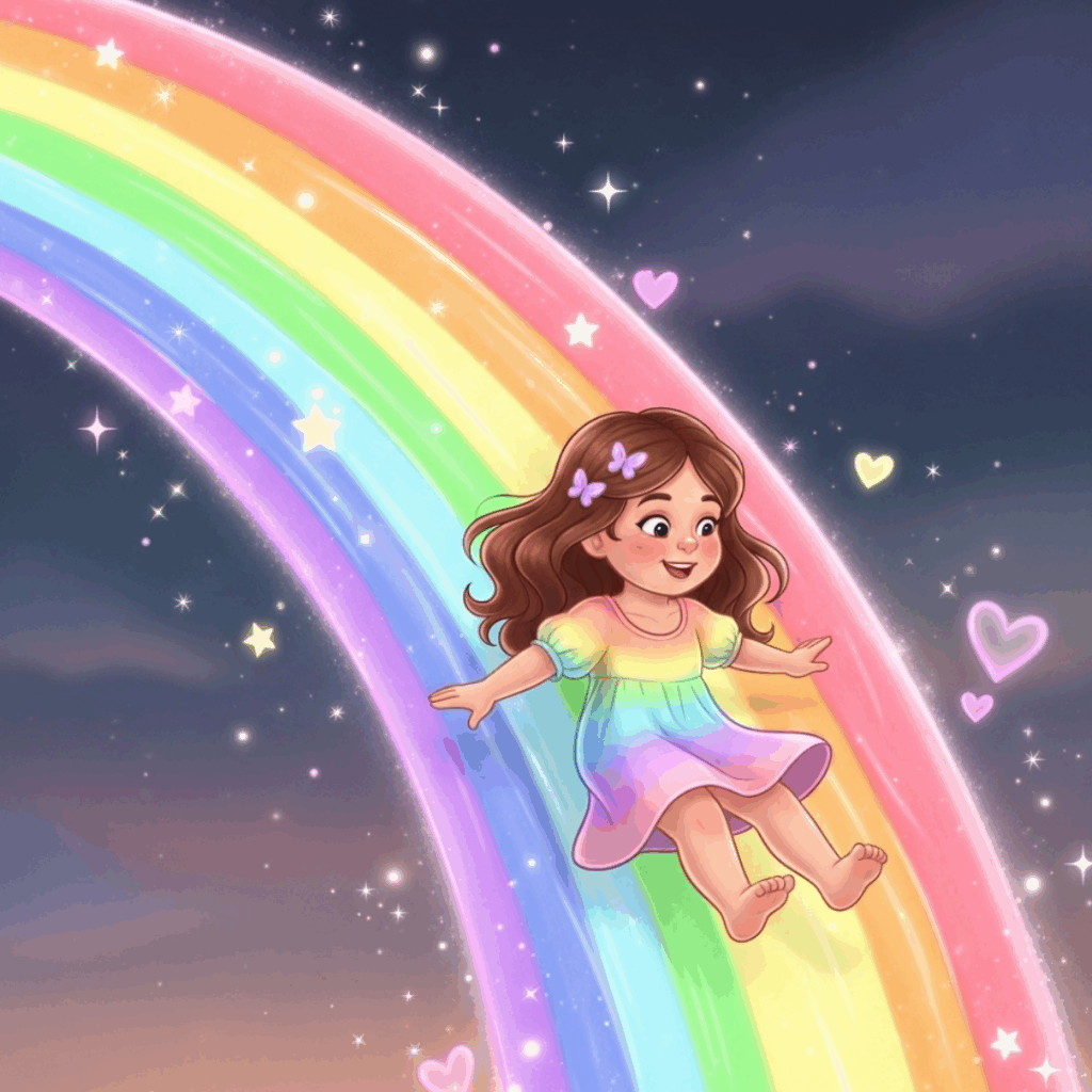 Meisje glijdt van regenboog in Het Land Van Nodaroo